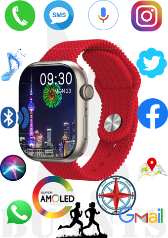Bunnys Watch 9 Pro Tansiyon Ölçen Kulaklıklı Unisex Kare 45 mm Kırmızı Naylon Örgü Akıllı Saat