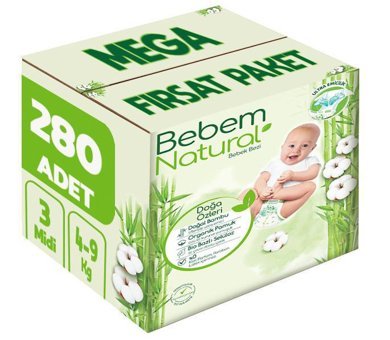 Bebem Natural Natural 3 Numara Yıkanabilir Organik Göbek Oyuntulu Göbek Oyuntulu Cırtlı Bebek Bezi 280'li