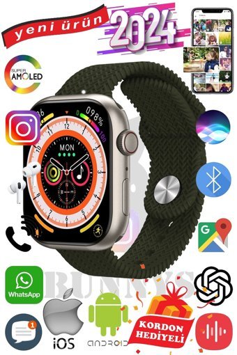 Bunnys Watch 9 Max+ Tansiyon Ölçen Kulaklıklı Unisex Kare 45 mm Yeşil Naylon Örgü Akıllı Saat