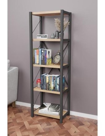 Furnature Design Dekoratif 5 Bölmeli 5 Raflı Metal 60x30 cm Siyah-Çam Kitaplık