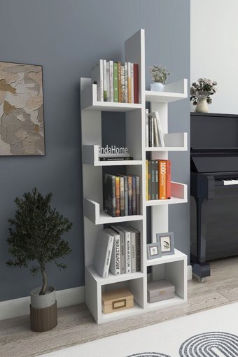 Enda Home Pamfilya 10 Bölmeli 10 Raflı Ahşap 132x53x21 cm Antrasit-Beyaz Kitaplık