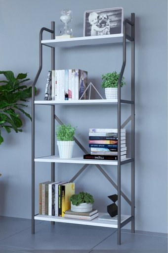 Larem Mobilya Dekoratif 4 Bölmeli 4 Raflı Ahşap 144 cm Beyaz Kitaplık