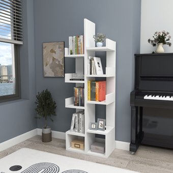 Enda Home Pamfilya 10 Bölmeli 10 Raflı Ahşap 132x53x21.6 cm Beyaz Kitaplık