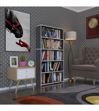 Kenzlife Süper Ga Tek Bölmeli 5 Raflı Suntalam 150x80x19 cm Gri Kitaplık