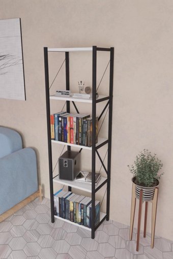 Furnature Design Dekoratif 4 Bölmeli 4 Raflı Ahşap Beyaz Kitaplık