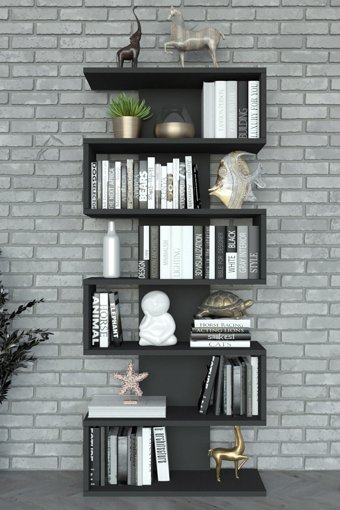 Moonlife Paris 6 Bölmeli 6 Raflı Suntalam 160x65x20 cm Siyah Kitaplık
