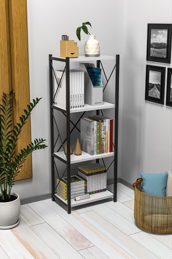 Larem Mobilya Alvin 4 Bölmeli 4 Raflı Metal 150 cm Beyaz-Siyah Kitaplık