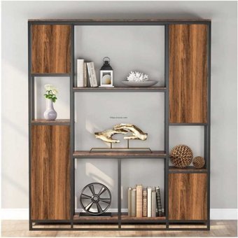 Zizuva Tasarım 10 Bölmeli 10 Raflı Metal 180x120x40 cm Kahverengi-Siyah Kitaplık
