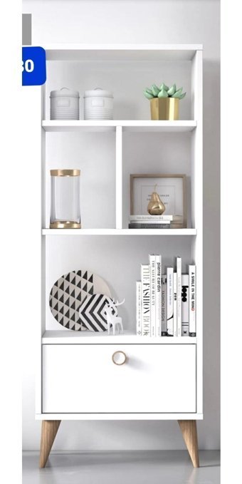 Bengi Mobilya Kapaklı 5 Bölmeli 5 Raflı Ahşap 131x52x25 cm Beyaz Kitaplık