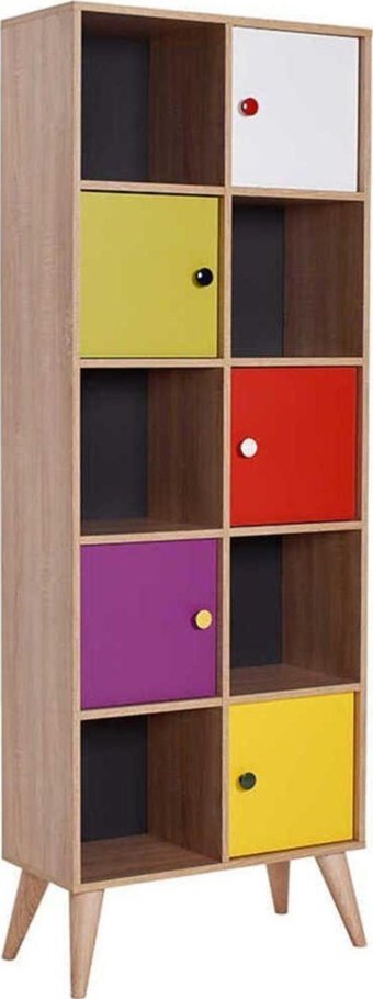 Adore Mobilya Kapaklı 10 Bölmeli 10 Raflı Suntalam 67x185x30 cm Sarı-Sonoma-Yeşil Kitaplık