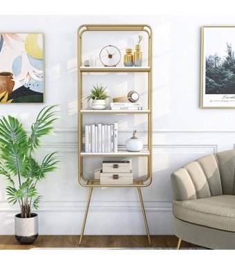 Larissa Design Dekoratif 4 Bölmeli 4 Raflı Beyaz-Gold Kitaplık