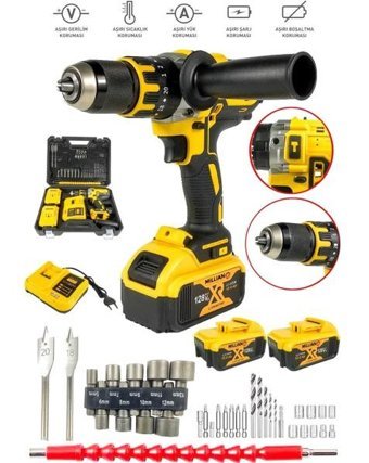 128 V 10 Ah Bakır Sargılı Darbeli Şarjlı Matkap Çift Akülü Metal Şanzıman Vidalama 39 Parça Setli