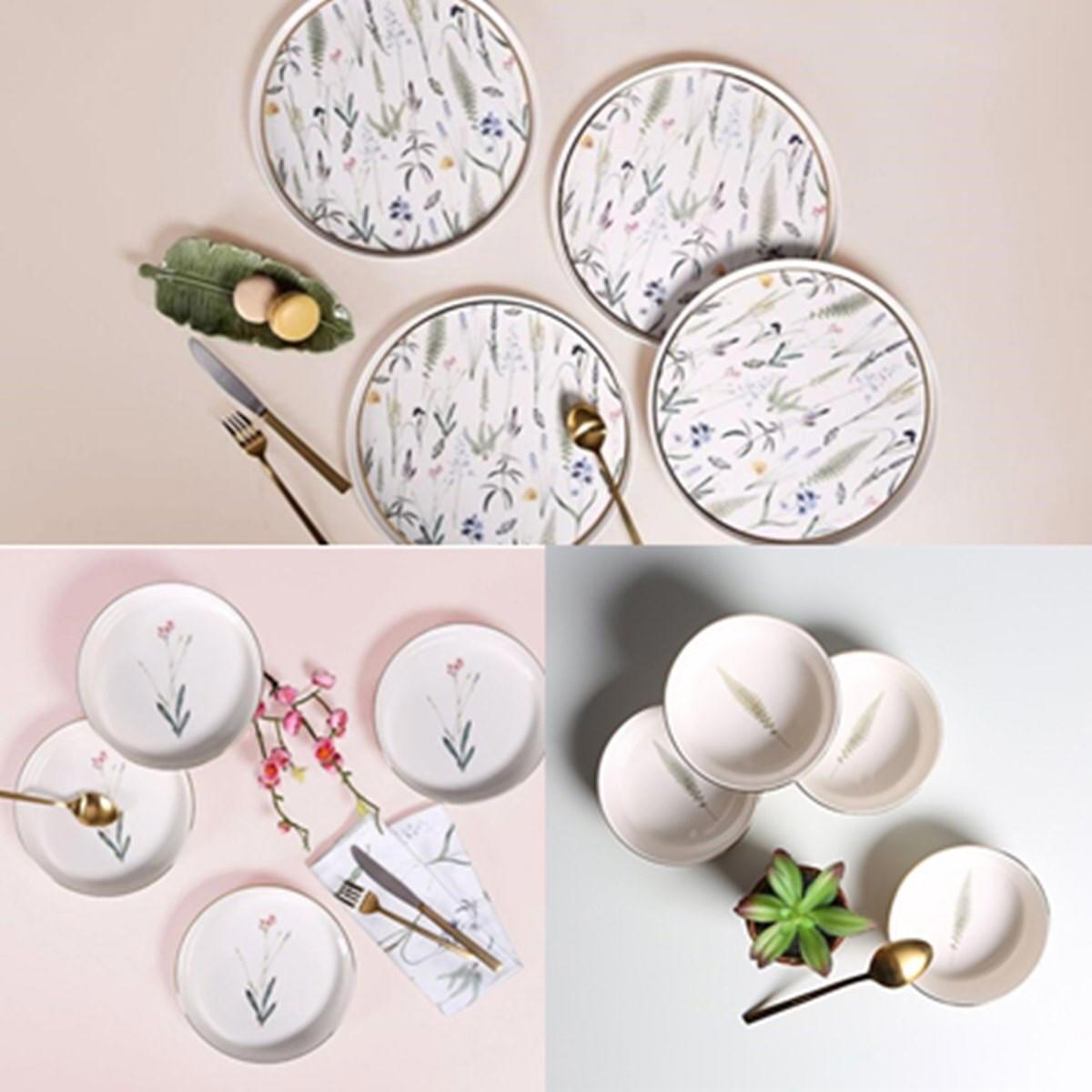 Porland Botanical 12 Parça 4 Kişilik Desenli Porselen Yuvarlak Yemek Takımı