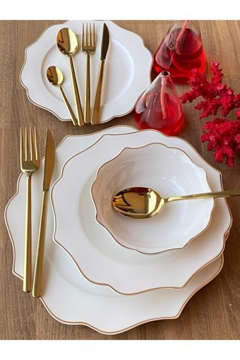 Sembol Negro Gold 24 Parça 6 Kişilik Desenli Porselen Yuvarlak Yemek Takımı