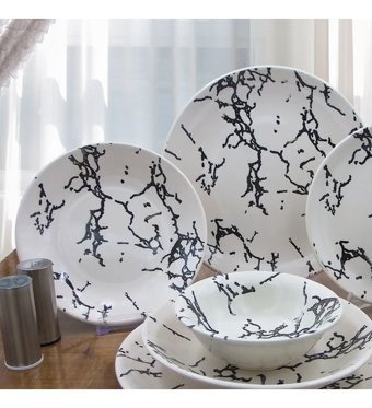 Arna Porselen Black Marble 24 Parça 6 Kişilik Desenli Seramik Yuvarlak Yemek Takımı