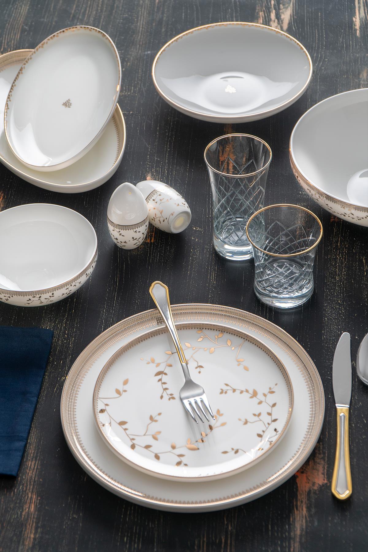 Acar Serafina 57 Parça 12 Kişilik Desenli Bone China Porselen Yuvarlak Yemek Takımı