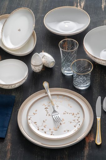 Acar Serafina 57 Parça 12 Kişilik Desenli Bone China Porselen Yuvarlak Yemek Takımı