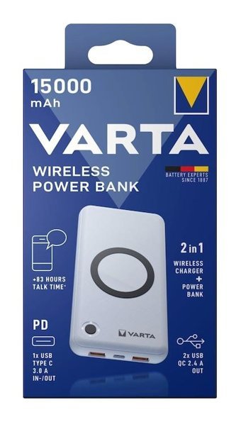 Varta 57908 15000 mAh Hızlı Şarj Işıklı Type C-USB Kablosuz Powerbank Beyaz