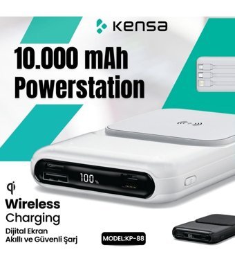 Kensa KP-88 10000 mAh Hızlı Şarj Dijital Göstergeli USB Çoklu Bağlantı Kablosuz Powerbank Beyaz