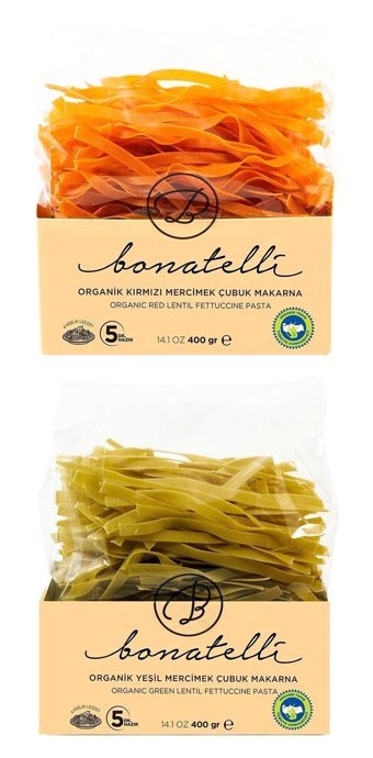 Bonatelli Organik Kırmızı Mercimekli-Yeşil Mercimekli Çubuk Makarna 2x400 gr