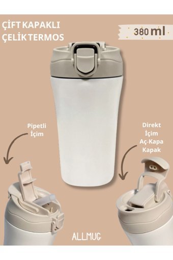 Allmug Paslanmaz Çelik Pipetli Outdoor Matara Termos Beyaz