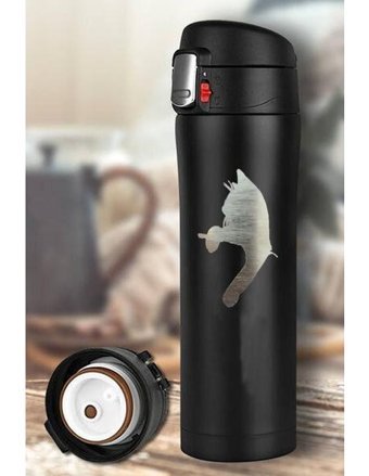 Tusah Kedi Keyif Desenli Çelik 450 ml Outdoor Matara Termos Siyah