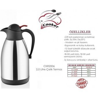 Cooker CKR-2006 Paslanmaz Çelik 2 lt Çaydanlık Termos Gümüş - Siyah