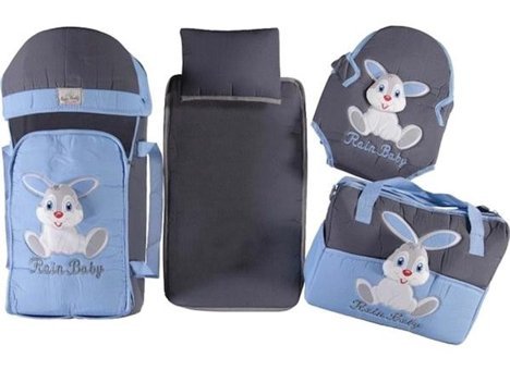 Rain Baby Tavşan Temalı 9 kg Kapasiteli Taşıma Askılı Portbebe+Bakım Çantası Gri-Mavi