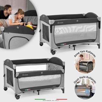 Elele Donna 25 kg Kapasiteli Ayarlanabilir Katlanabilir 70x110 cm Anne Yanı Park Yatak Gri-Siyah