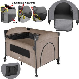 Lia Bebek Çelik 15 kg Kapasiteli Ayarlanabilir Katlanabilir 70x110 cm Anne Yanı Park Yatak Kahverengi