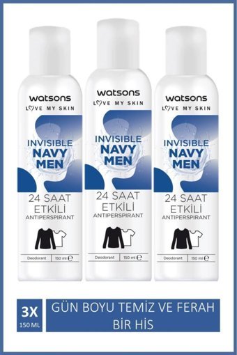 Watsons Invisible Navy Ter Önleyici Sprey Erkek Deodorant 3x150 ml