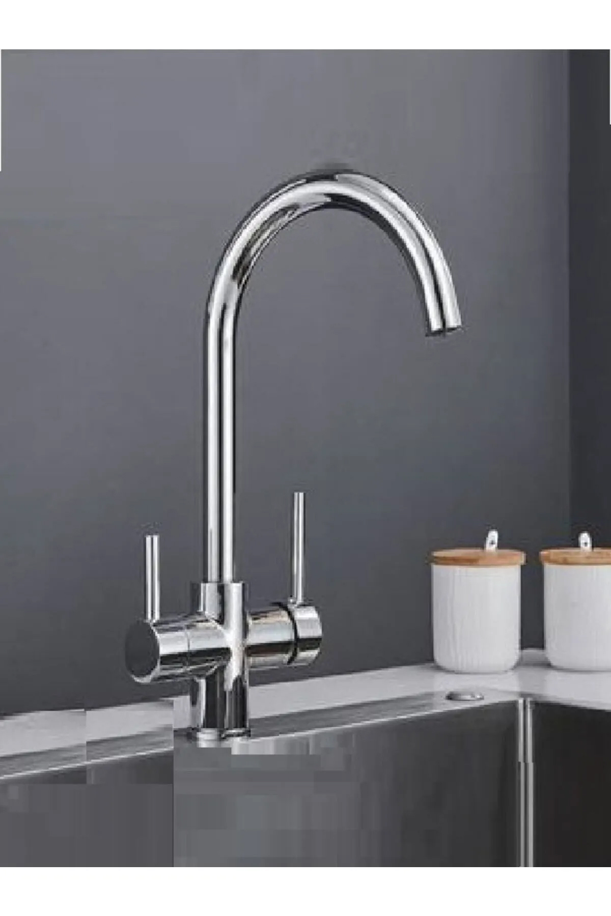 Rena Design Dual Flow Kuğu Çift Girişli Aç Kapa Eviye Bataryası Gümüş