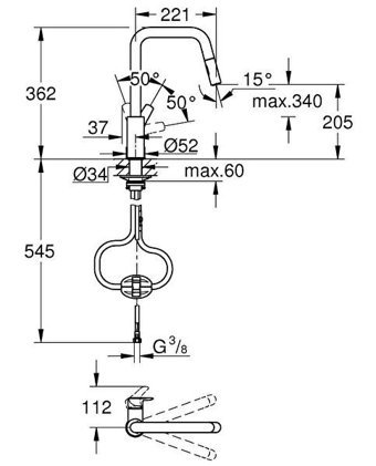 Grohe Eurosmart Kuğu Çift Girişli Aç Kapa Eviye Bataryası Siyah