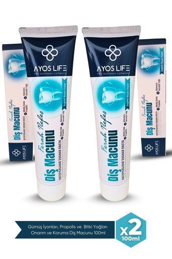 Ayoslife Gümüş İyonlu-Bitkisel Yağlar Aloe Vera-Propolis Florürsüz Tüm Yaşlar Diş Macunu 2x100 ml