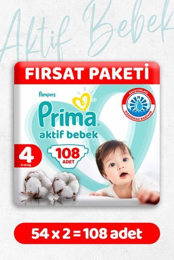 Prima Aktif Bebek 4 Numara Cırtlı Bebek Bezi 2x54 Adet