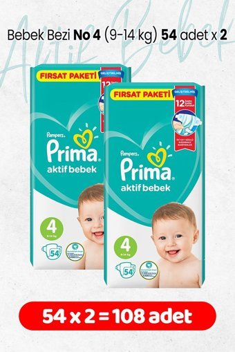 Prima Aktif Bebek 4 Numara Cırtlı Bebek Bezi 2x54 Adet
