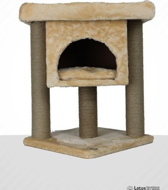 Lotus Furniture Pet Series İzmir Kare Tırmalamalı 2 Katlı İç Mekan Mdf-Peluş Kedi Evi Bal-Gri-Kahve