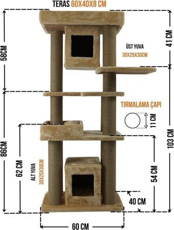 Lotus Furniture Pet Series Bürüksel Kule Tipi Tırmalamalı 6 katlı İç Mekan Mdf-Peluş Kedi Evi Bej-Gri-Kahve