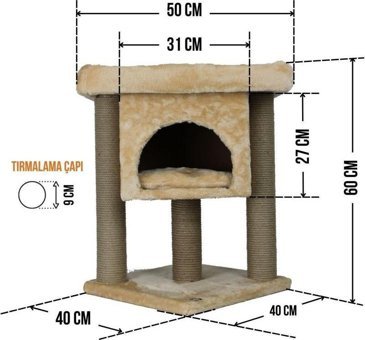 Lotus Furniture Pet Series İzmir Kare Tırmalamalı 2 Katlı İç Mekan Mdf-Peluş Kedi Evi Bal-Gri-Kahve