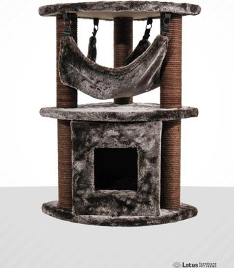 Lotus Furniture Pet Series Berlin Kule Tipi Hamaklı Tırmalamalı 3 Katlı İç Mekan Mdf-Peluş Kedi Evi Gri-Kahverengi