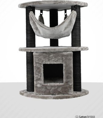 Lotus Furniture Pet Series Berlin Kule Tipi Hamaklı Tırmalamalı 3 Katlı İç Mekan Mdf-Peluş Kedi Evi Gri-Kahverengi