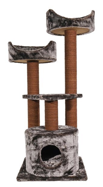 Lotus Furniture Pet Series Warsaw Kule Tipi Tırmalamalı 4 Katlı İç Mekan Mdf-Peluş Kedi Evi Gri-Kahve-Krem
