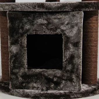 Lotus Furniture Pet Series Berlin Kule Tipi Hamaklı Tırmalamalı 3 Katlı İç Mekan Mdf-Peluş Kedi Evi Gri-Kahverengi