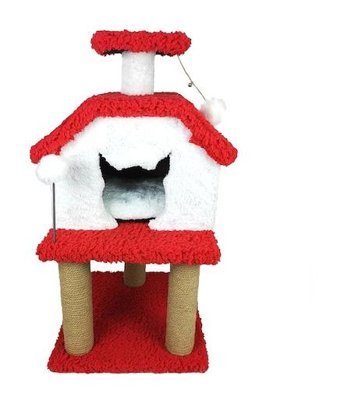 Patiderm Kulübe Dikdörtgen Tırmalamalı 2 Katlı İç Mekan Mdf-Peluş Kedi Evi Kırmızı