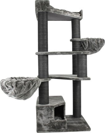 Lotus Furniture Pet Series Shangaı Kule Tipi Hamaklı Tırmalamalı 4 Katlı İç Mekan Mdf-Peluş Kedi Evi Bal-Gri-Kahve