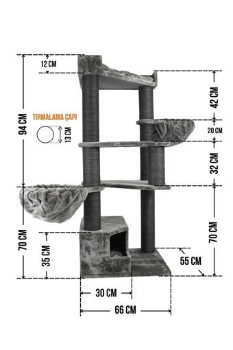 Lotus Furniture Pet Series Shangaı Kule Tipi Hamaklı Tırmalamalı 4 Katlı İç Mekan Mdf-Peluş Kedi Evi Bal-Gri-Kahve