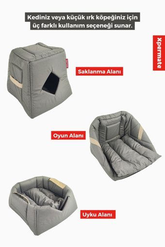 Xpermate Mağara Dikdörtgen Tek Katlı Su Geçirmez İç Mekan Polyester Kumaş Kedi Evi Antrasit