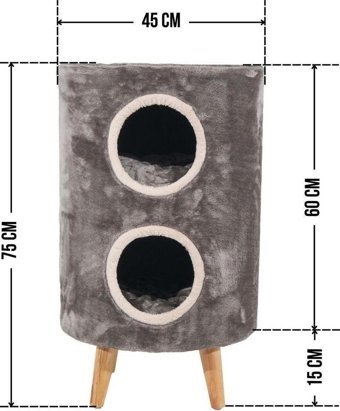 Lotus Furniture Pet Series Nice Silindir-Yuvarlak 2 Katlı İç Mekan Mdf-Peluş Kedi Evi Bal-Gri-Kahve