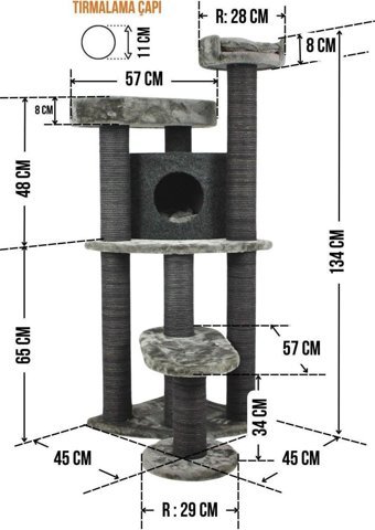 Lotus Furniture Pet Series Roma Kule Tipi Tırmalamalı 4 Katlı İç Mekan Mdf-Peluş Kedi Evi Bal-Gri-Kahve
