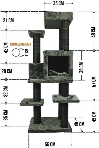 Lotus Furniture Pet Series Zürih Kule Tipi Tırmalamalı 4 Katlı İç Mekan Mdf-Peluş Kedi Evi Kahverengi